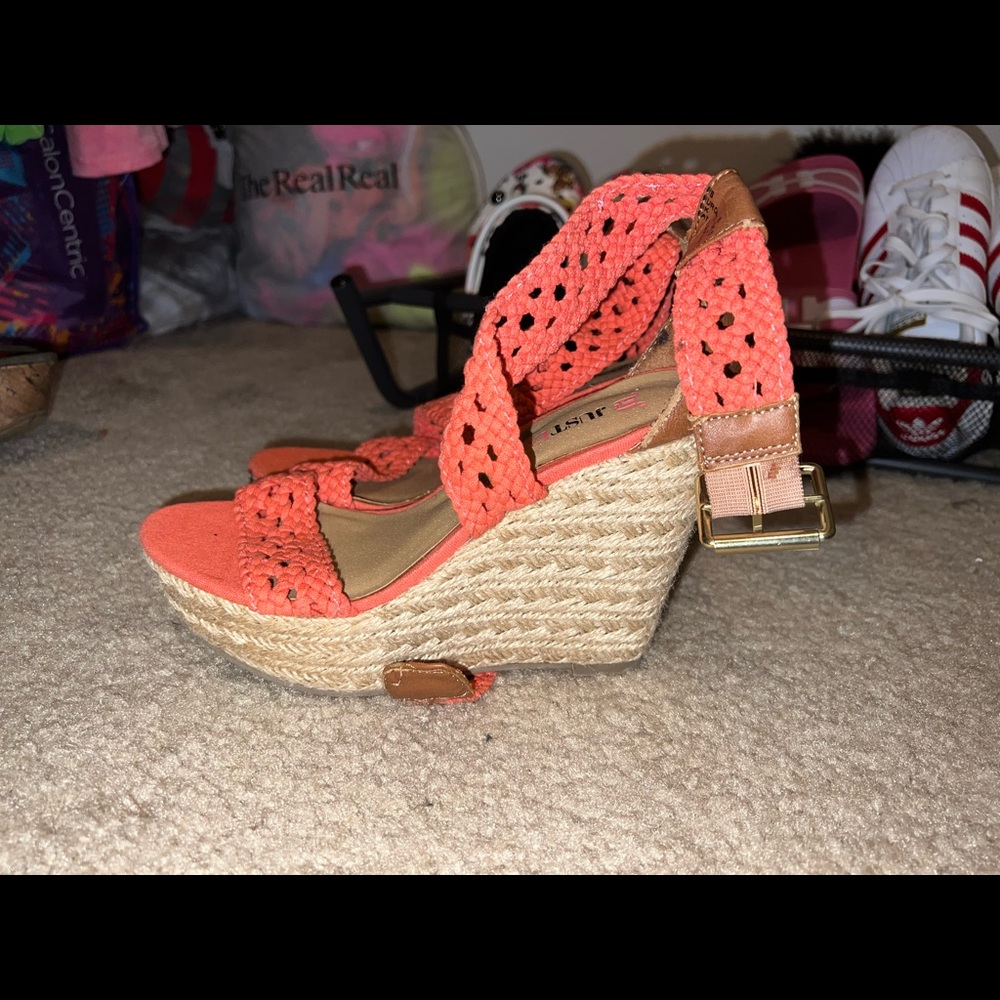 Coral wrap around ankle wedges